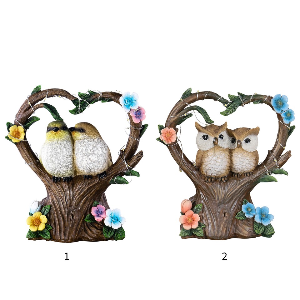 Birds Statue Resin Garden Statue with Solar Lights Cute Animal Figurine