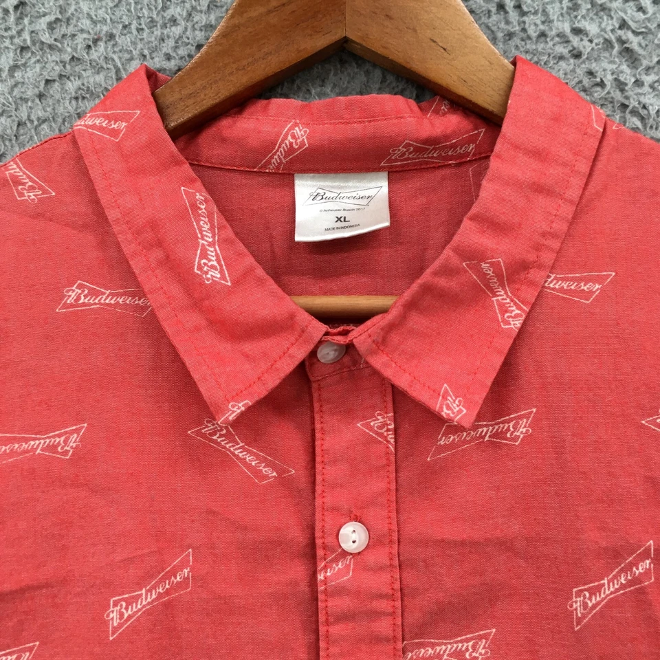 Budweiser Button-Up Short Sleeve Shirt Mens XL Collared Pocket Casual Red Cotton - Image 3 of 4