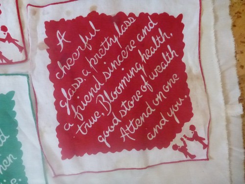 Vintage 10 Leinen MCM Cocktail Bar Servietten Gruß Toast Sprüche - rot und grün - Bild 6 von 6