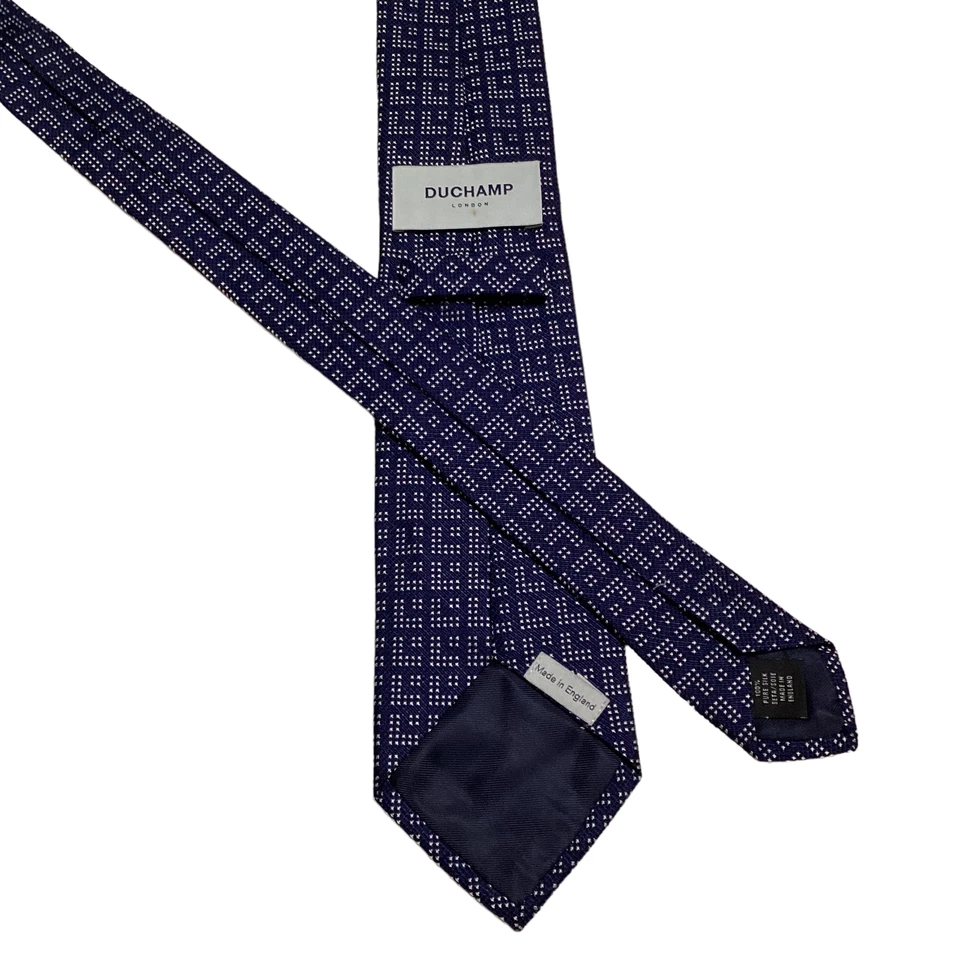Corbata para hombre DUCHAMP 100 % seda INGLATERRA de lujo geométrica azul/blanco ajustada usada en excelente estado Foto 3 de 3