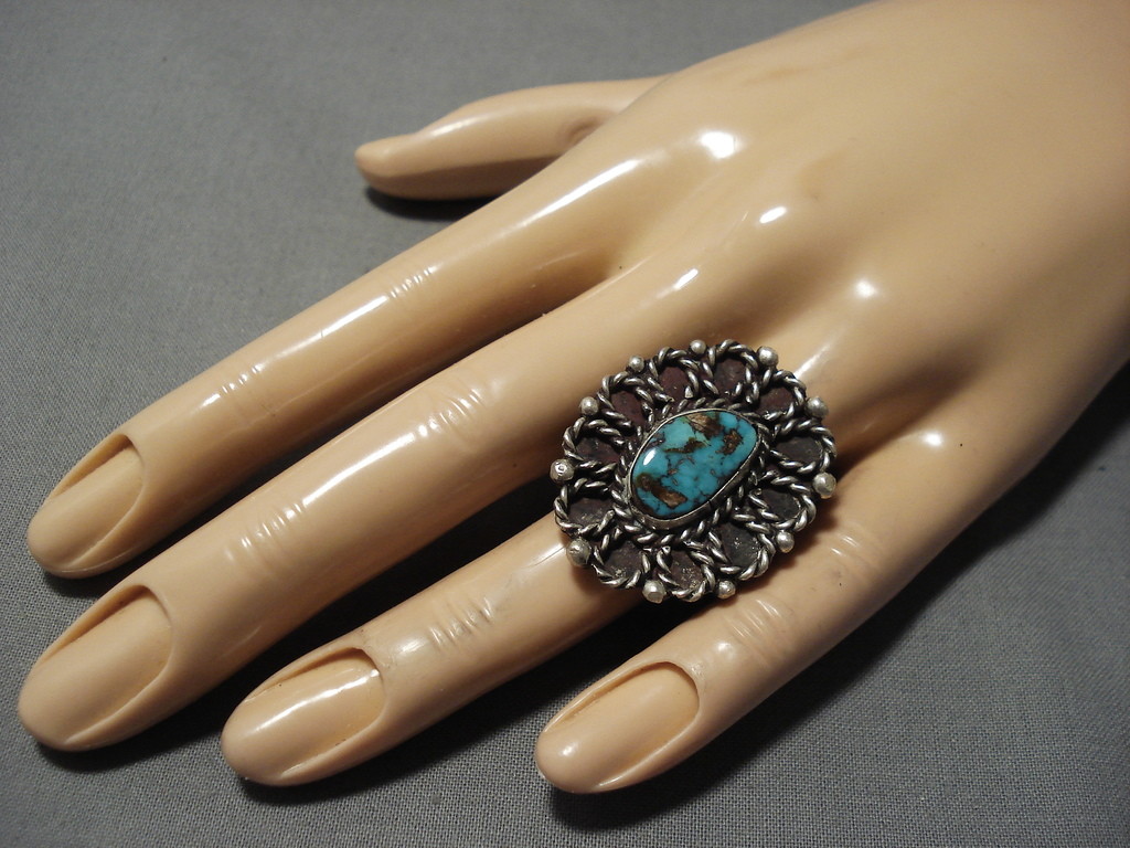GIGANTIC VINTAGE NAVAJO NATURAL TURQUOISE STERLING SILVER ROPE RING OLD ...