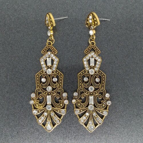 New Art Deco Antique Gold Plated Crystal Gatsby Chandelier Statement Earrings