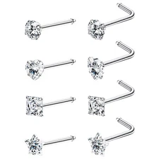8Pcs 20G Stainless Steel CZ L-Shaped Bone Screw Nose Rings Nose Piercing Studs