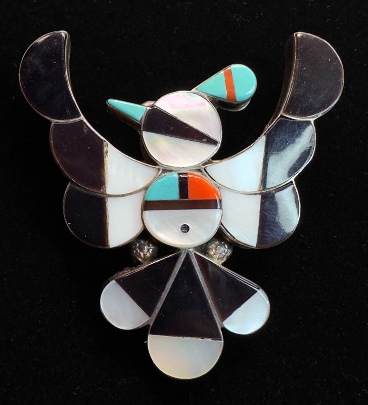 Large ZUNI TURQUOISE CORAL STERLING THUNDERBIRD PIN/PENDANT FYC Native American