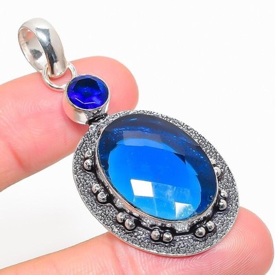 Pendentif Croix En Argent 925 Avec Tanzanite Bleue Naturelle - 10+ Carats - Fait Main Inde