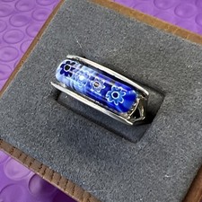     Vintage Art Glass Deco STERLING SILVER ARTISAN BLUE GLASS RING Sz 6