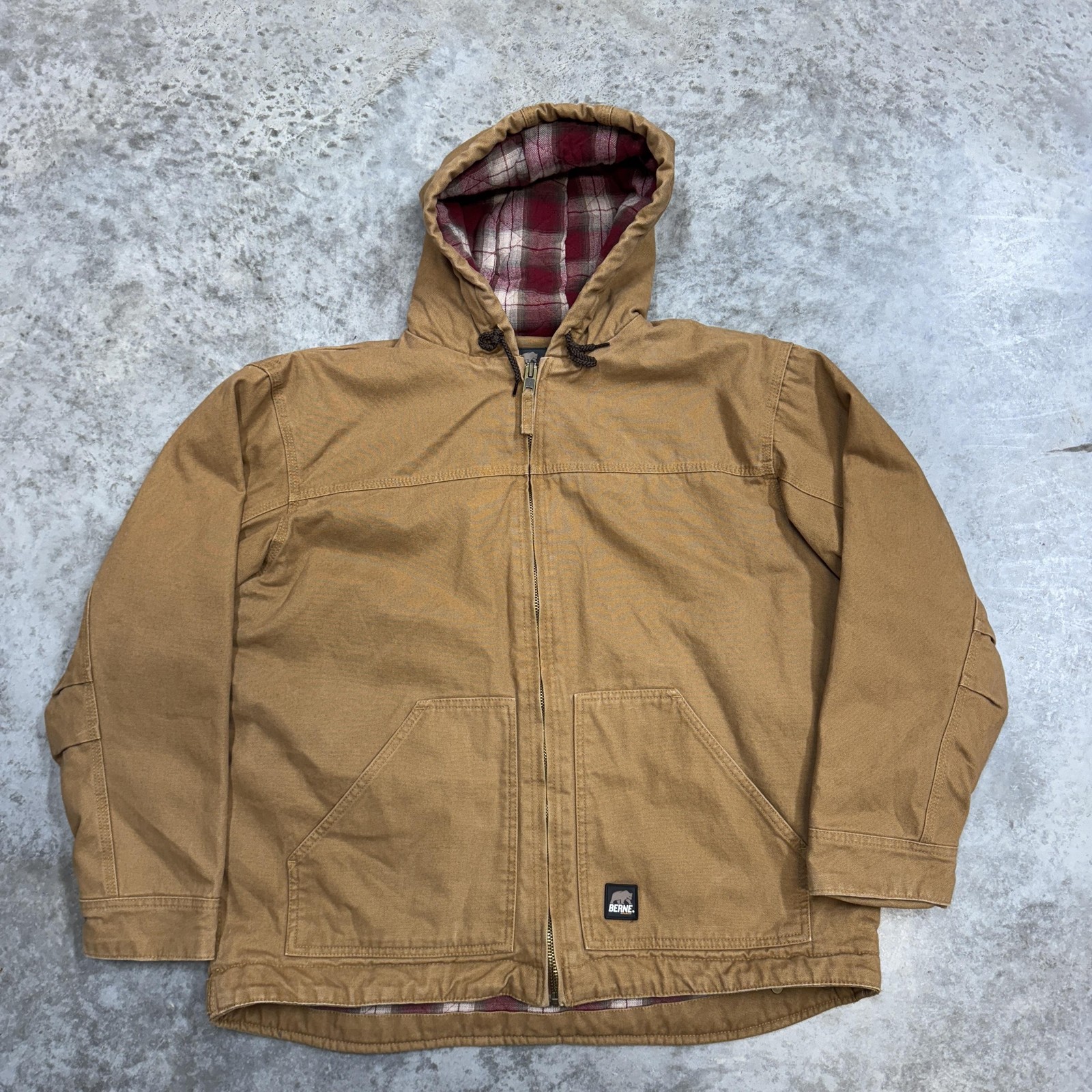 Berne Jacket Mens XL Brown Canvas Hooded Workwear Flannel Lined Insulated Parka