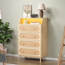 LEADZM Boho Dresser 4 Drawer, Rattan Dresser Tall Dresser