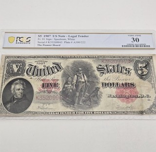 1907 $5 Red Seal US Legal Tender Woodchopper Note Speelman/White FR#91