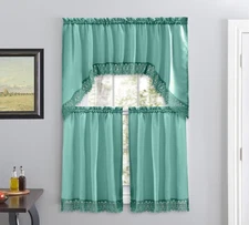 Teal Kitchen Curtain Set 3 Piece Includes Ruffled Valance and Tier Panels