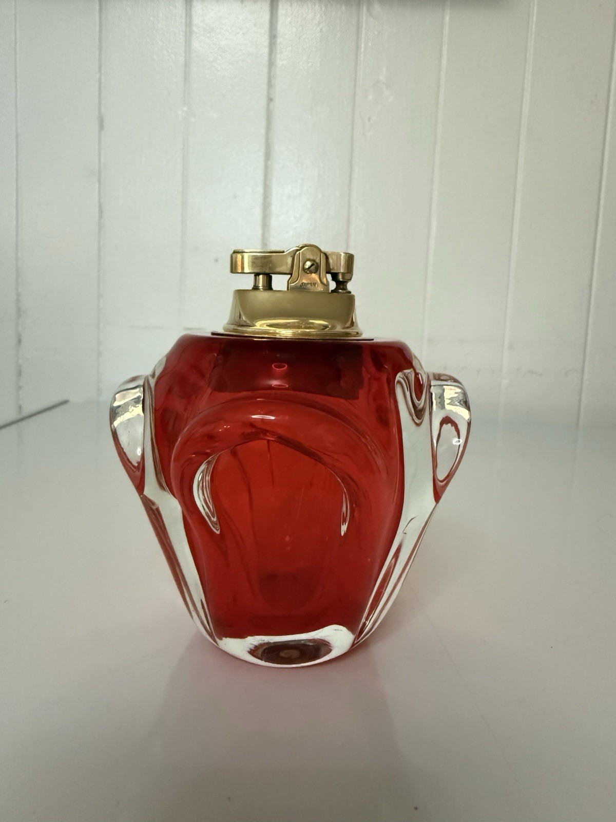 Mcm Vintage Ruby Red Blown Glass And Brass
