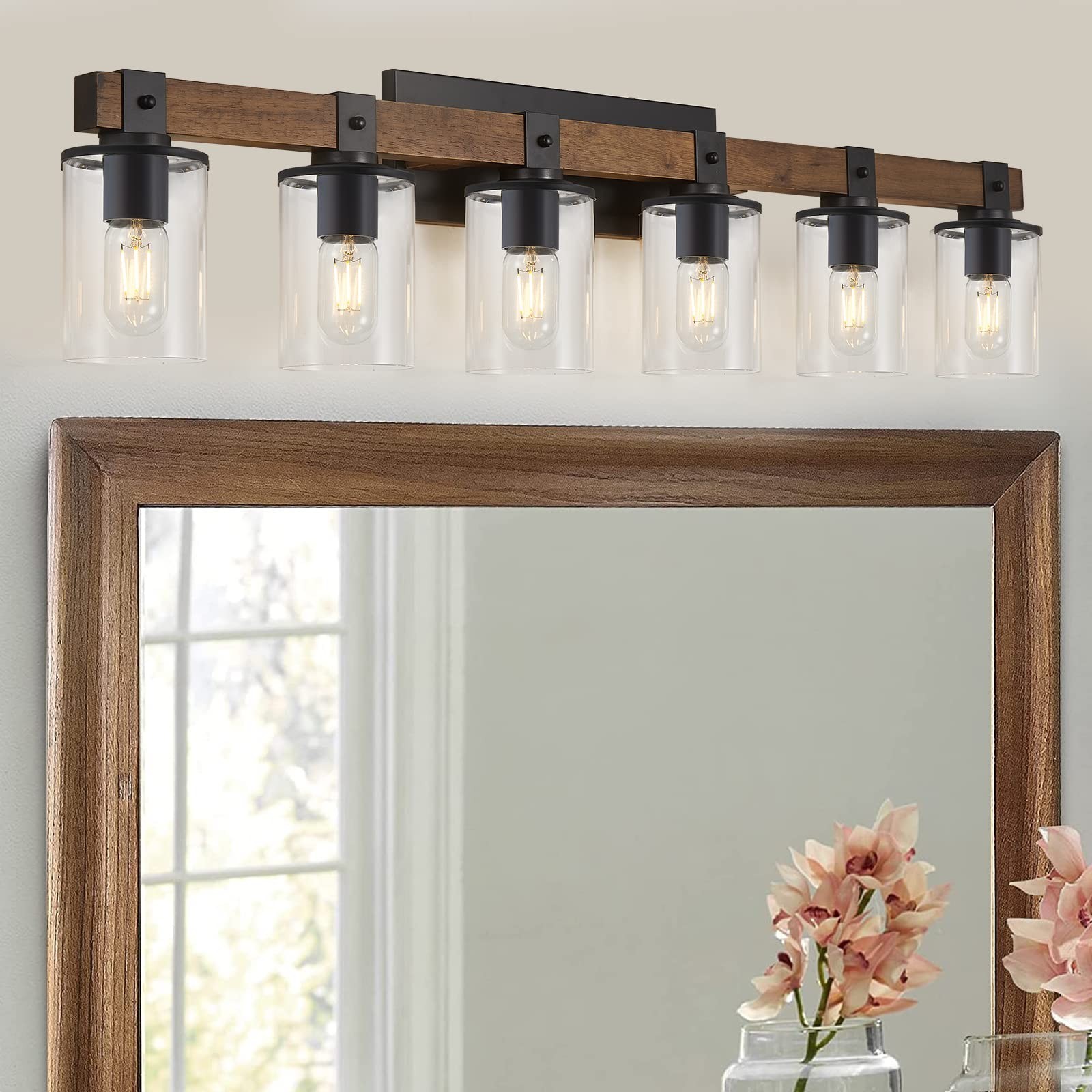 DUJAHMLAND 6-Light Wood Vanity Light,40.5 inch Farmhouse Bathroom Metal Wall ...