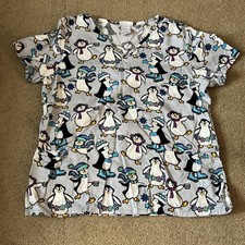 Penguins In Snow Ice Skating Nursing Uniform Scrub Top Women Medical 2 Pocket