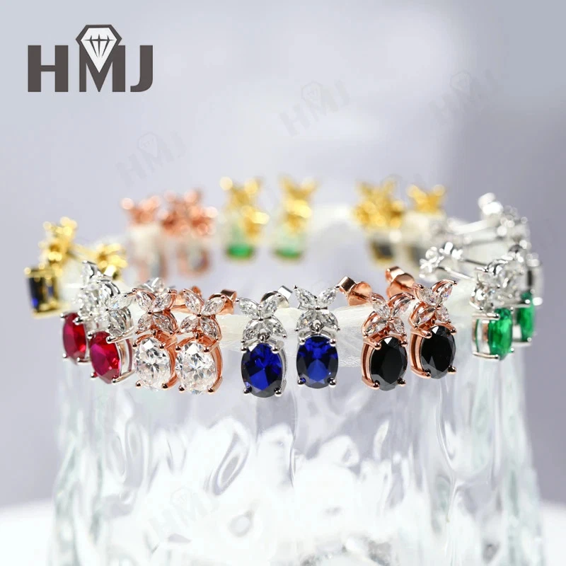 Oval Cut Moissanite&Lab Grown Ruby Sapphire Emerald Studs Earrings S925 Silver - Image 1 of 4