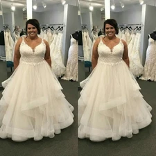 Plus Size Wedding Dresses V Neck Ruffles Lace Appliques Sweep Train Bridal Gown