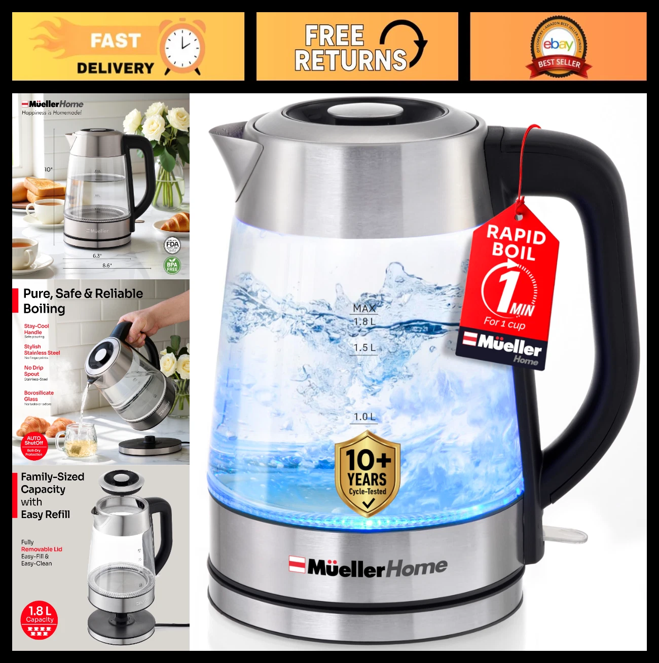 Rapid Boil Electric Tea Kettle 1.8L - Borosilicate Glass, Stainless Steel, BPA-F