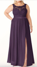 Azazie Elly - Plum A-Line Lace Scoop Neck Chiffon Dress - Size A12. Worn twice