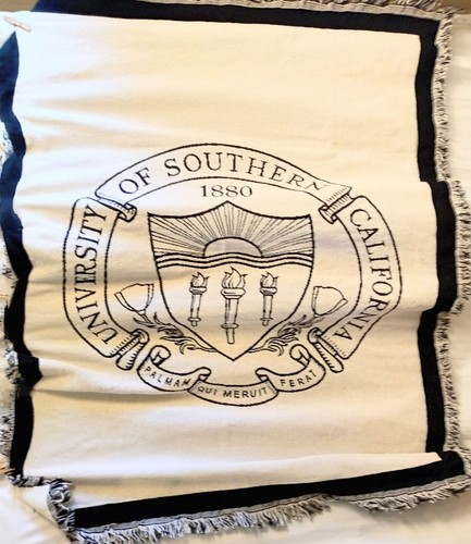 USC Throw Blanket UNIVERSITY SOUTHERN CALIF 74" X 54" Cream/Black fringe NWOT - Picture 2 of 6