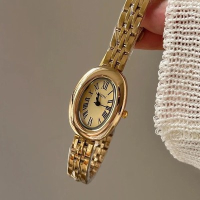 Damenuhr Gold Oval Vintage Stil Klein Quarz Stahlband