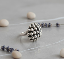 Textured Ball Cluster Statement Ring Adjustable Silver Tone