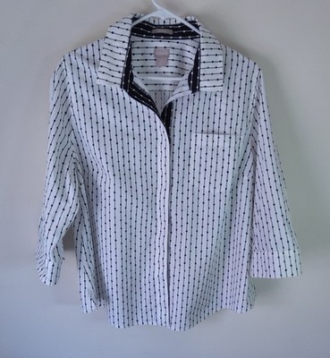 Chico's No Iron Button Up Shirt Blouse White Black Dash Stripe Size 2.5 / US 14