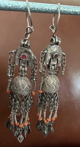 Antique Vintage Chandelier Tassel Earrings Metal Silver Coral Mary Turkmenistan - Picture 5 of 13
