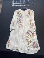 Johnny Was Striped Floral Embroidered Stripe Cat White Tunic Dress Popover Small