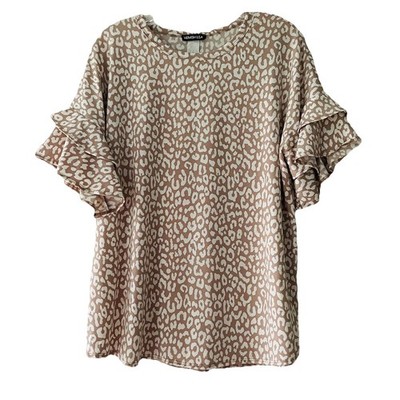 Heimish Women s Size Medium Leopard Print Double Ruffle Sleeve Stretch Top Shirt