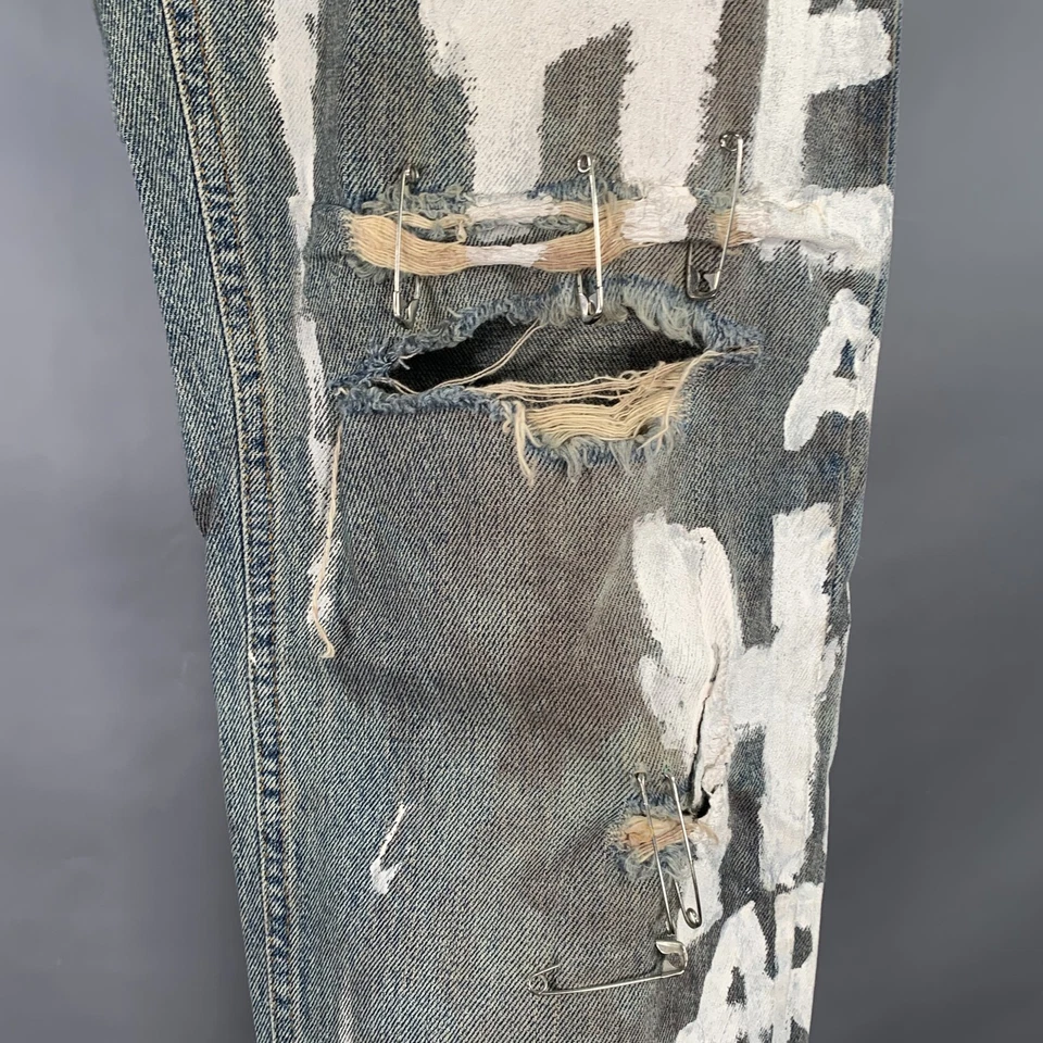 DOLCE & GABBANA Talla 33 Azul Blanco Pintado a Mano Vaqueros Recto Desgastados - Imagen 3 de 4