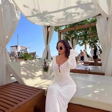 Hot selling beach vacation bikini top with hollowed out crochet knit long dress