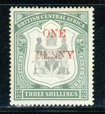 BRITISH CENTRAL AFRICA 57 SG53 MH 1897 1p on 3sh grn & blk Coat of Arms CV$15