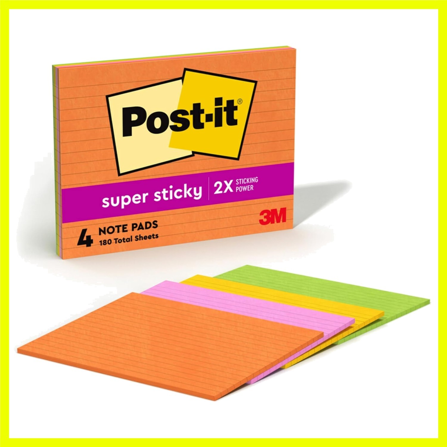Super Sticky Notes, 6 x 8 in, Neon Fizz, 4 Lined Pads | School Supplies and O...