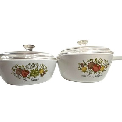 Vtg Corning Ware 1 & 1.5 pints La Marjolaine & La Sauge sauce pans Lids homecore