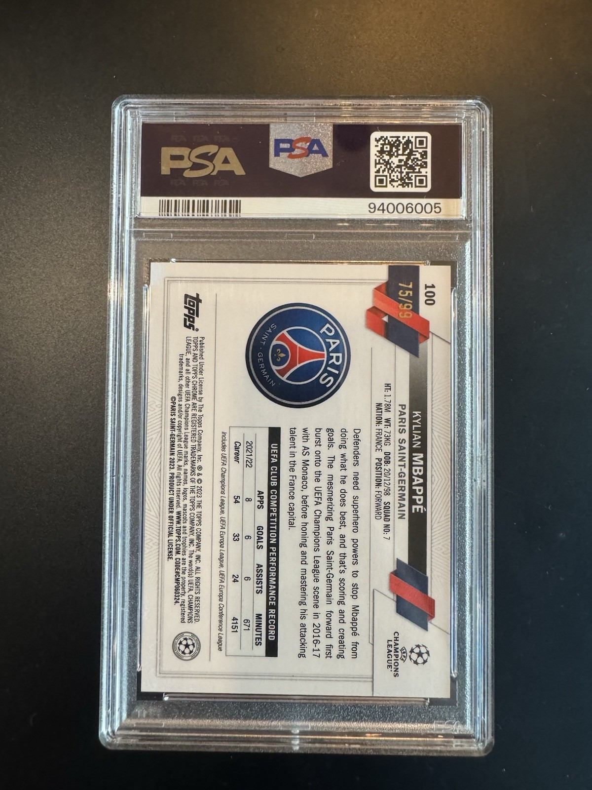 2022-23 Topps Chrome Sapphire KYLIAN MBAPPE #100 Yellow /99 PSA 10-  Low Pop! 🔥 view 3