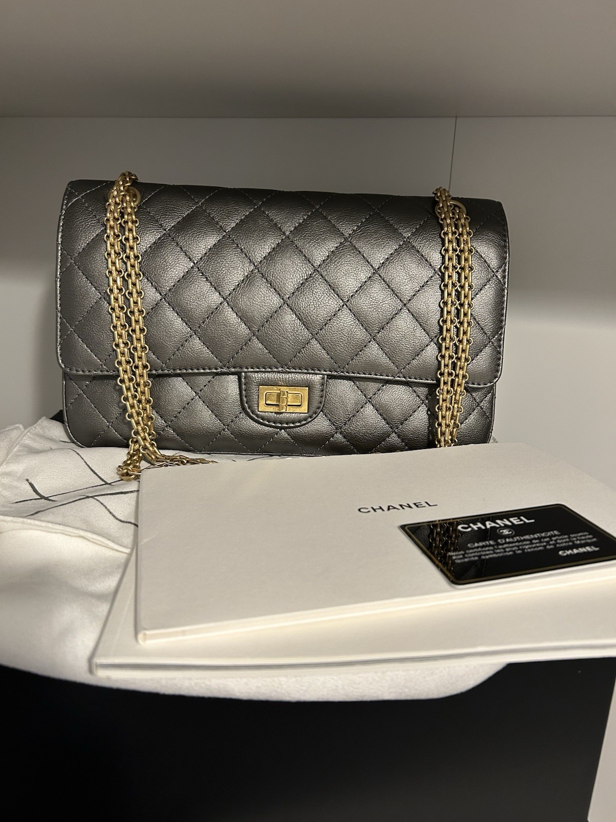 CHANEL 2.55 Reissue 226 Metallic Grey Quilted Leather Flap Bag Gold Hardware