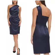 Eliza J Satin One Shoulder Cocktail  Formal Dress Navy Blue Sz 6 Embellish Beads