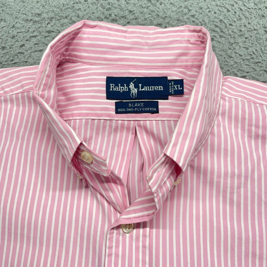 希少◎ ralph lauren blake pink linen! XXL RALPH LAUREN BLAKE Shirt Men XL Pink Striped Cotton Button