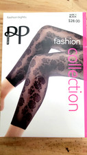 Pretty Polly Fashion tights, Floral Footless Tights, Size 1, 8 to 14, Black, NEW