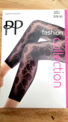Pretty Polly Fashion tights, Floral Footless Tights, Size 1, 8 to 14, Black, NEW