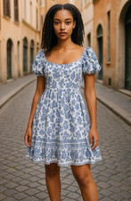 Angie Dress Large Short Sleeve Blue Floral Baby Doll Cottagecore Travel Mini