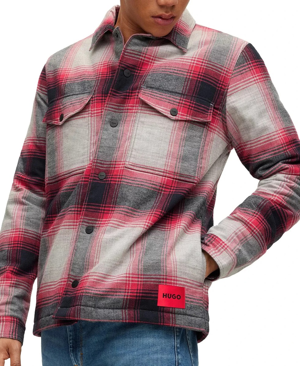 Hugo Boss Men Enalu Shirt Jacket New Shacket M Oversized Red White Plaid  Check