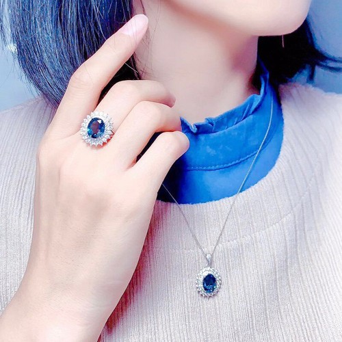2pc Swiss Blue White Topaz Gemstone Luxury Women Silver Necklace Ring Set - Picture 4 of 6