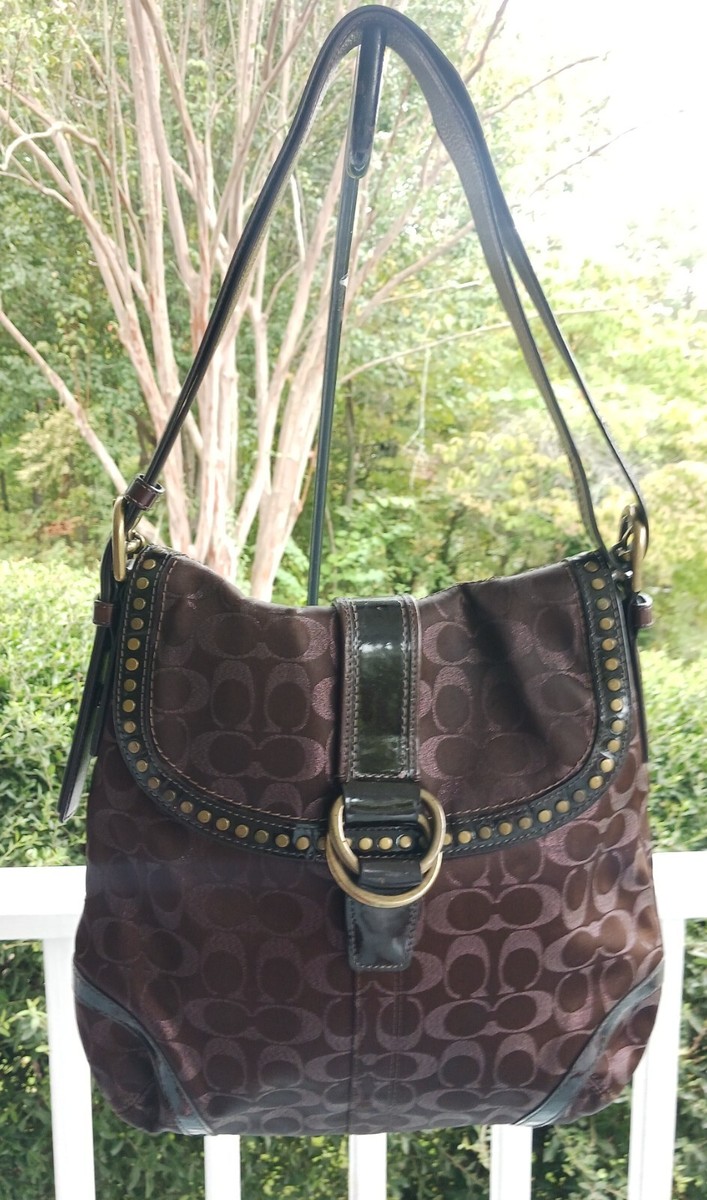 Coach F12852 Vintage Soho Brown Sateen Signature C W/ Rivets