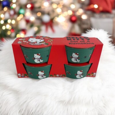 Hello Kitty Christmas Snowman Green Holiday Ramekin Dish Set Of 4 New