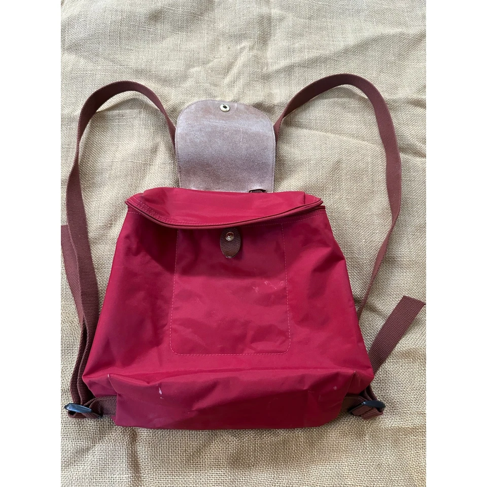 Mochila Longchamp Le Pliage Original Marrón Rojo Nylon Cuero Bolso de Viaje Logo Foto 3 de 4