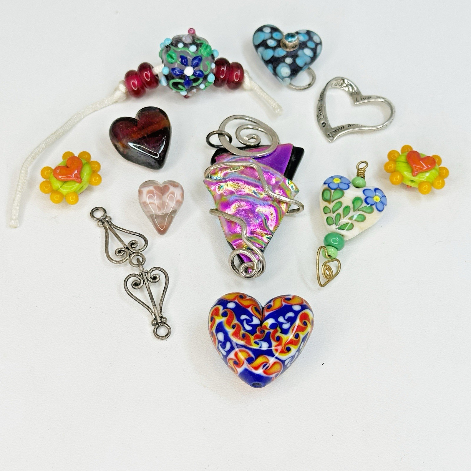 Artisan Lot of 10 Heart Beads Pendants Glass Sterling Silver Jewelry Making
