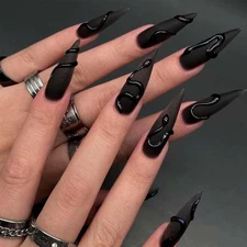 Long Press on Nails Stiletto Fake Nails Black False Nails with Snake Design Full