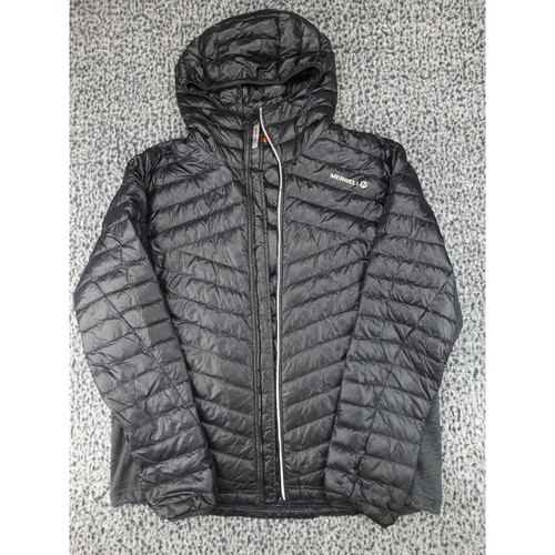 Merrell Puffer Jacket Mens XL Black Hooded Goose Down Insulated Broken Zipper