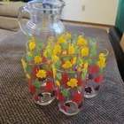 Vtg Anchor Hocking 9"GLASS PITCHER w/ Ice Lip & 8 Glasses 5" Colored Leaves