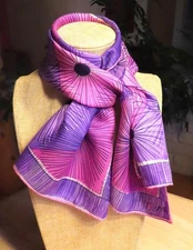Vera Neumann oblong stylized floral scarf; 44x14; purple pink white navy; silk?